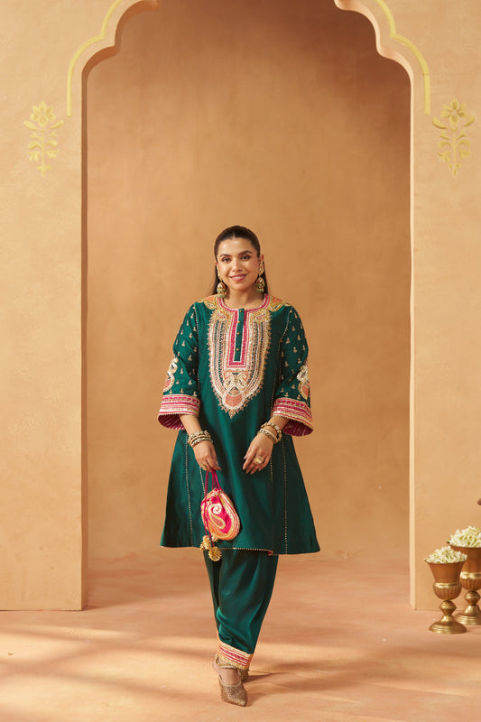 Riva - Emerald Green Short Kalidaar Chauga with Salwar