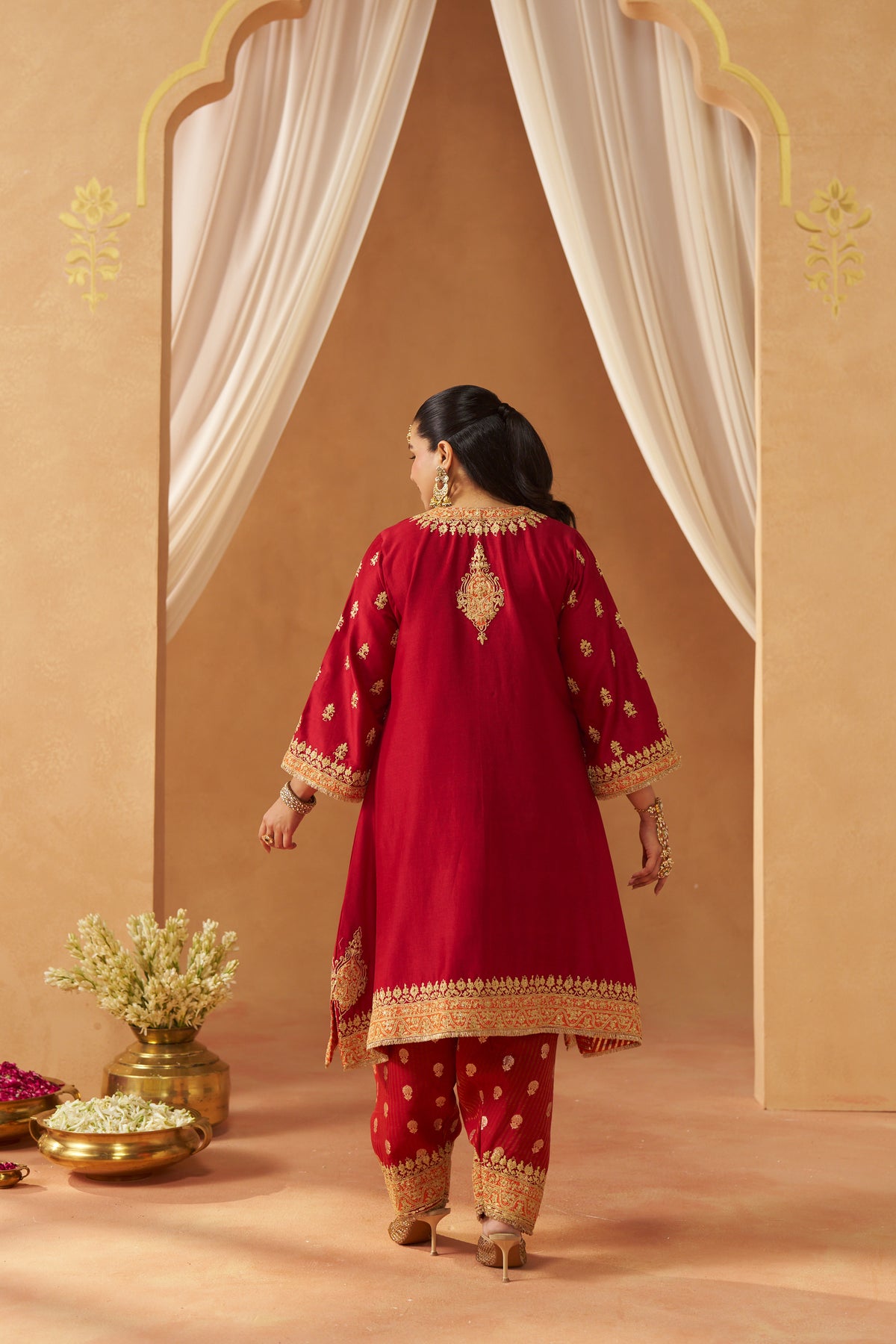 Zeenal - Deep Red Short A-Line Kaftan with Salwar & Dupatta