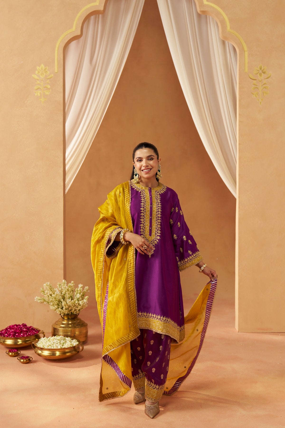 Zeenal - Deep Purple Short A-Line Kaftan with Salwar & Dupatta