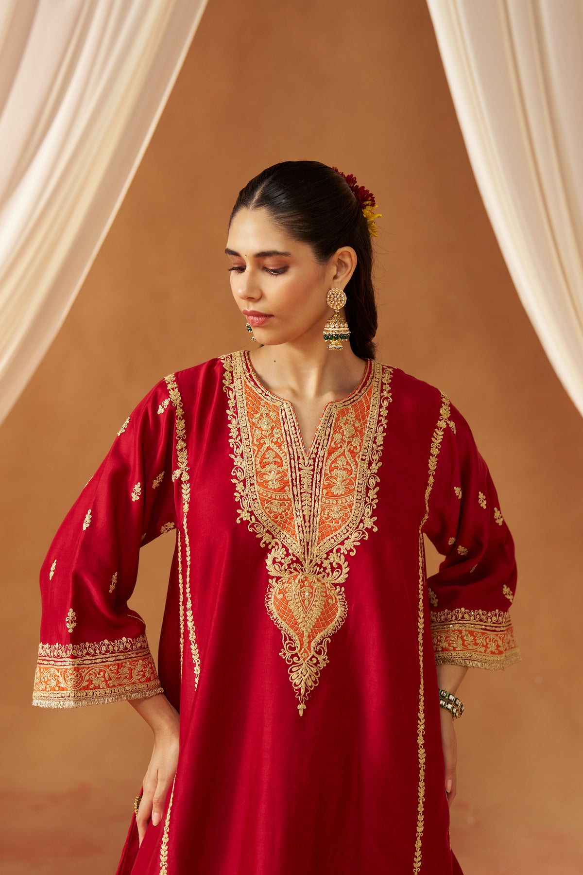 Maahgul - Deep Red Short Kalidaar Chauga with Salwar & Light Dupatta