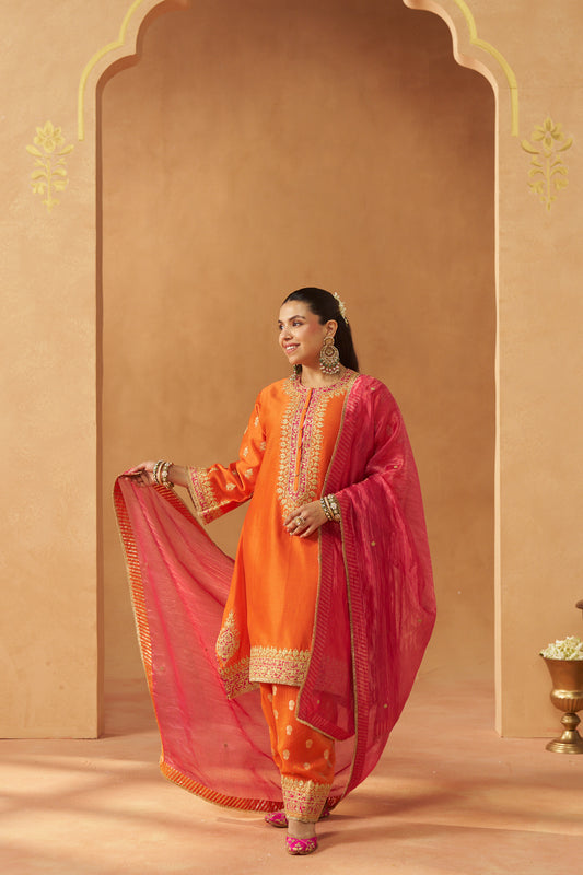 Zeenal - Burnt Orange Short A-Line Kaftan with Salwar & Dupatta