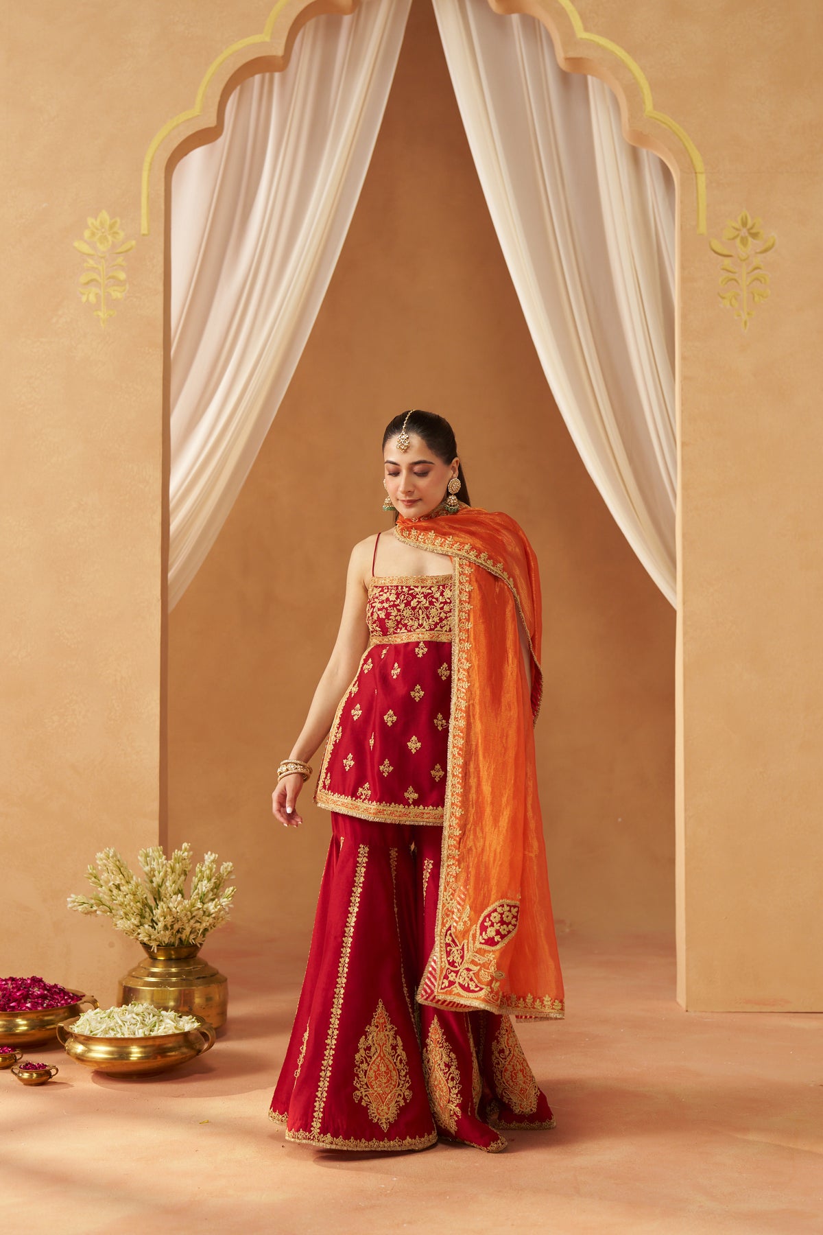 Najma - Deep Red Kurta with Garara & Heavy Dupatta