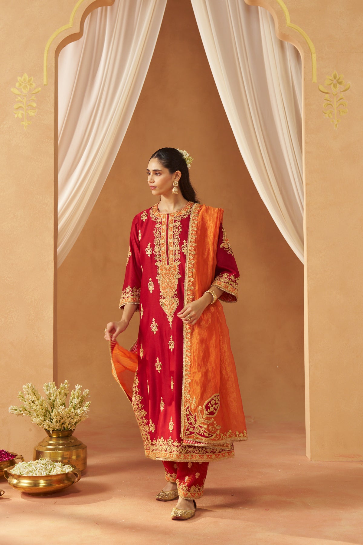 Mubina - Deep Red Long A-Line Kurta with Salwar & Dupatta