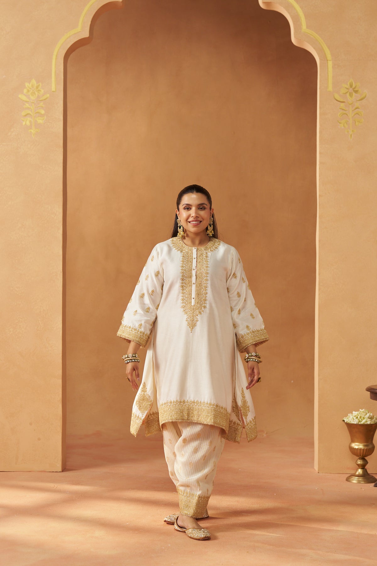 Zeenal - Daisy Ivory Short A-Line Kaftan with Salwar & Dupatta