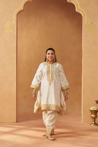 Zeenal - Daisy Ivory Short A-Line Kaftan with Salwar & Dupatta