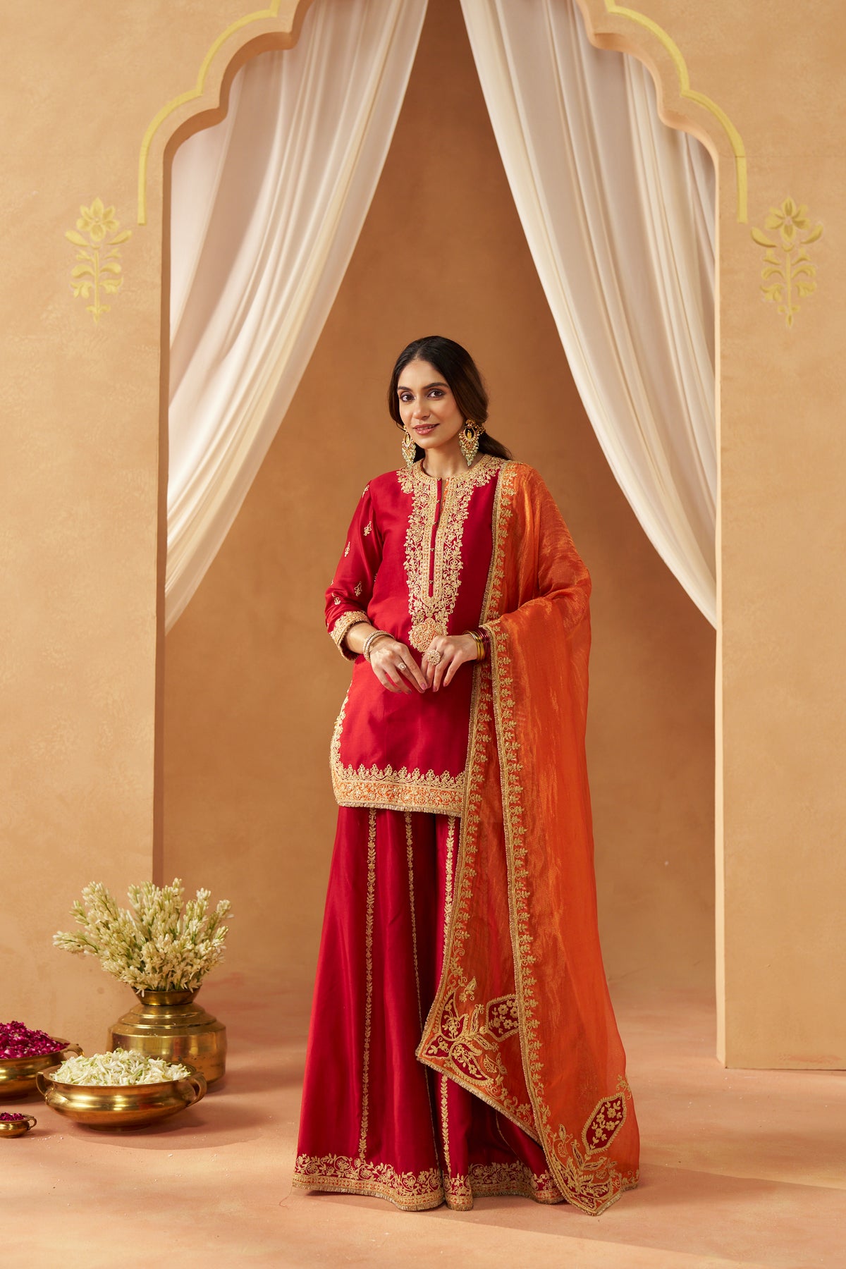 Fadiya - Deep Red Kurta with Sharara & Heavy Dupatta