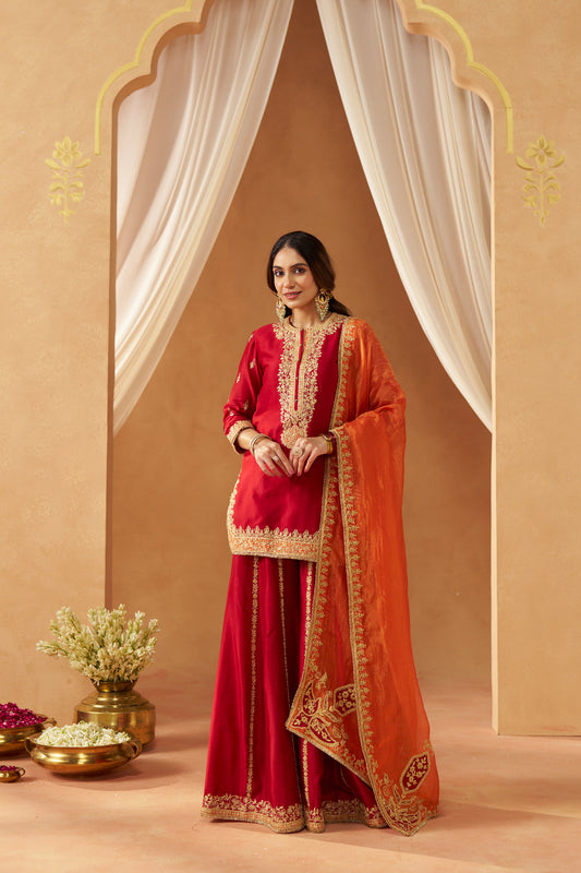 Fadiya - Deep Red Kurta with Sharara & Heavy Dupatta