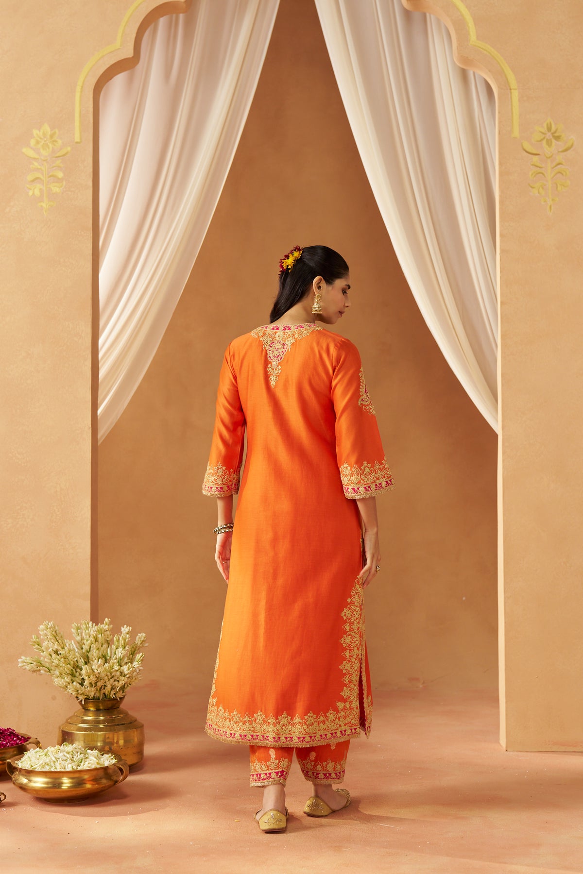 Mubina - Burnt Orange Long A-Line Kurta with Salwar & Dupatta