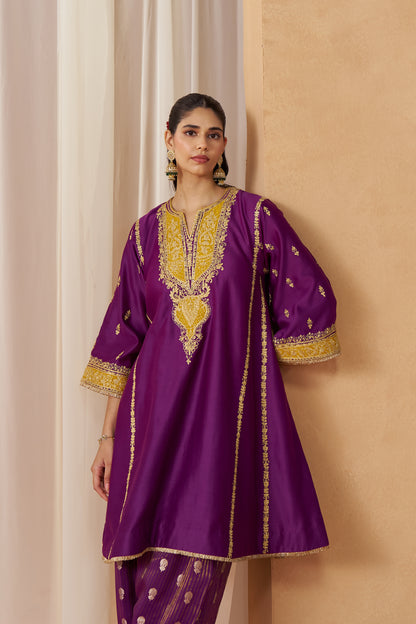Maahgul - Deep Purple Short Kalidaar Chauga with Salwar & Light Dupatta