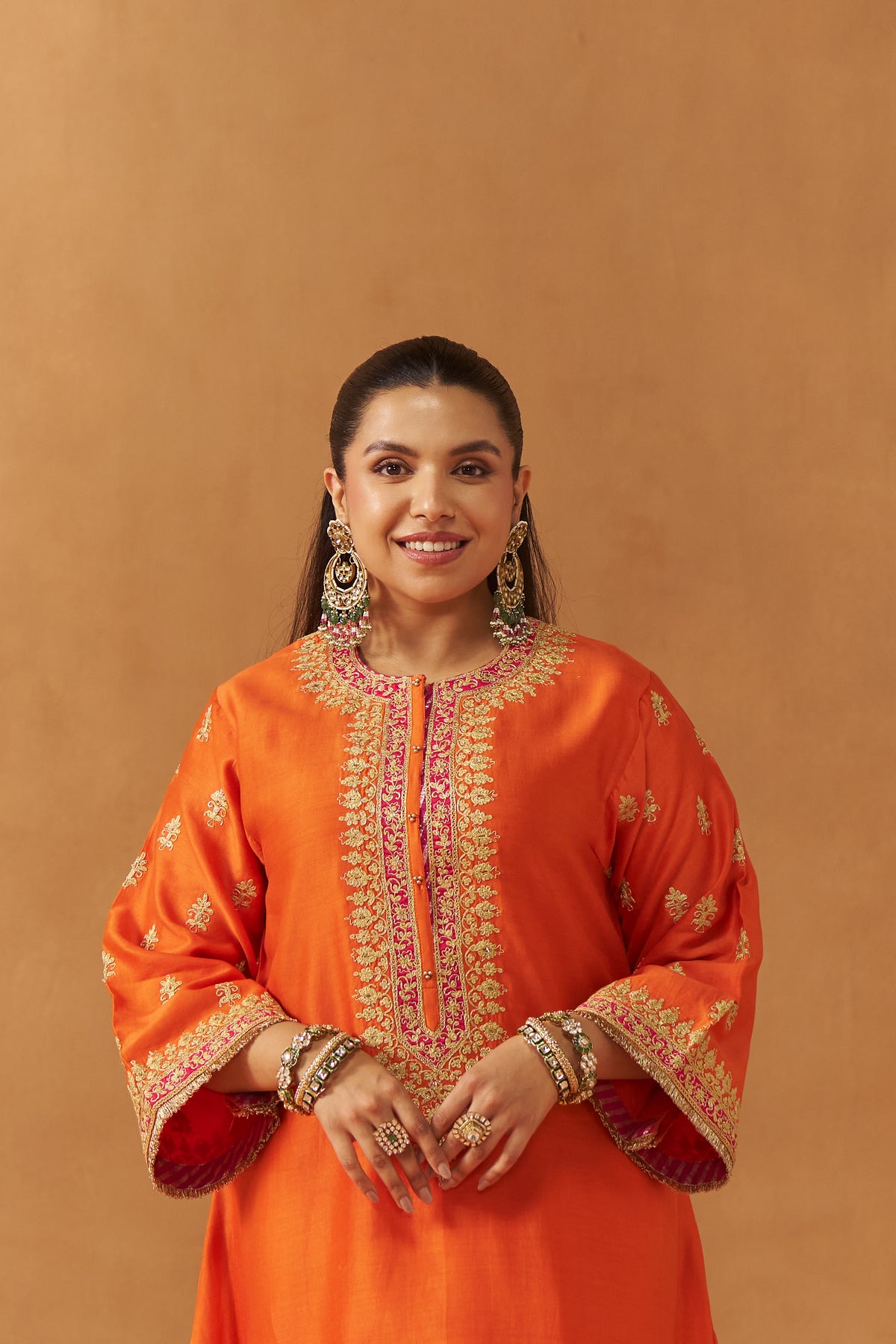 Zeenal - Burnt Orange Short A-Line Kaftan with Salwar & Dupatta