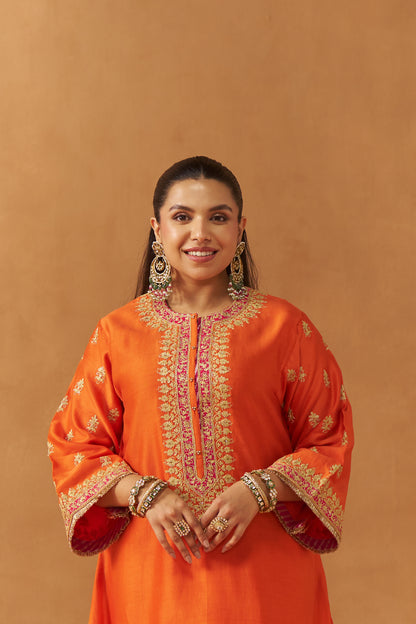 Zeenal - Burnt Orange Short A-Line Kaftan with Salwar & Dupatta