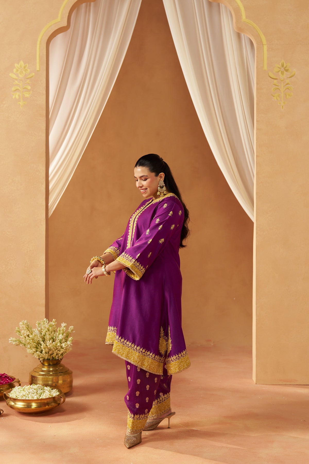 Zeenal - Deep Purple Short A-Line Kaftan with Salwar & Dupatta
