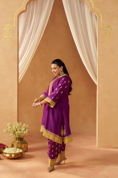Zeenal - Deep Purple Short A-Line Kaftan with Salwar & Dupatta