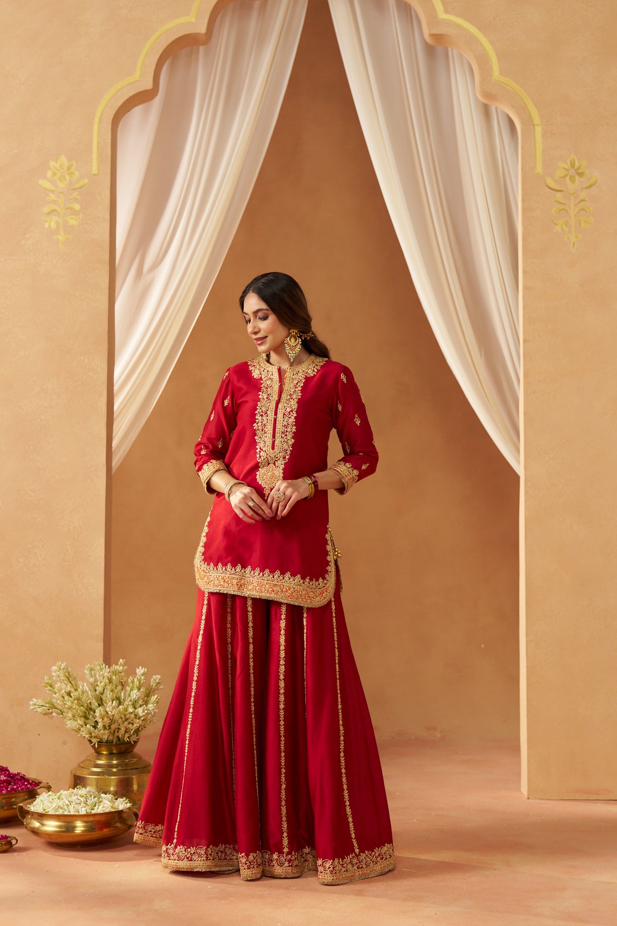 Fadiya - Deep Red Kurta with Sharara & Heavy Dupatta