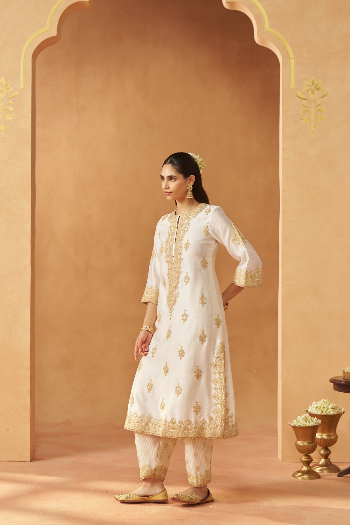 Mubina - Daisy Ivory Long A-Line Kurta with Salwar & Dupatta