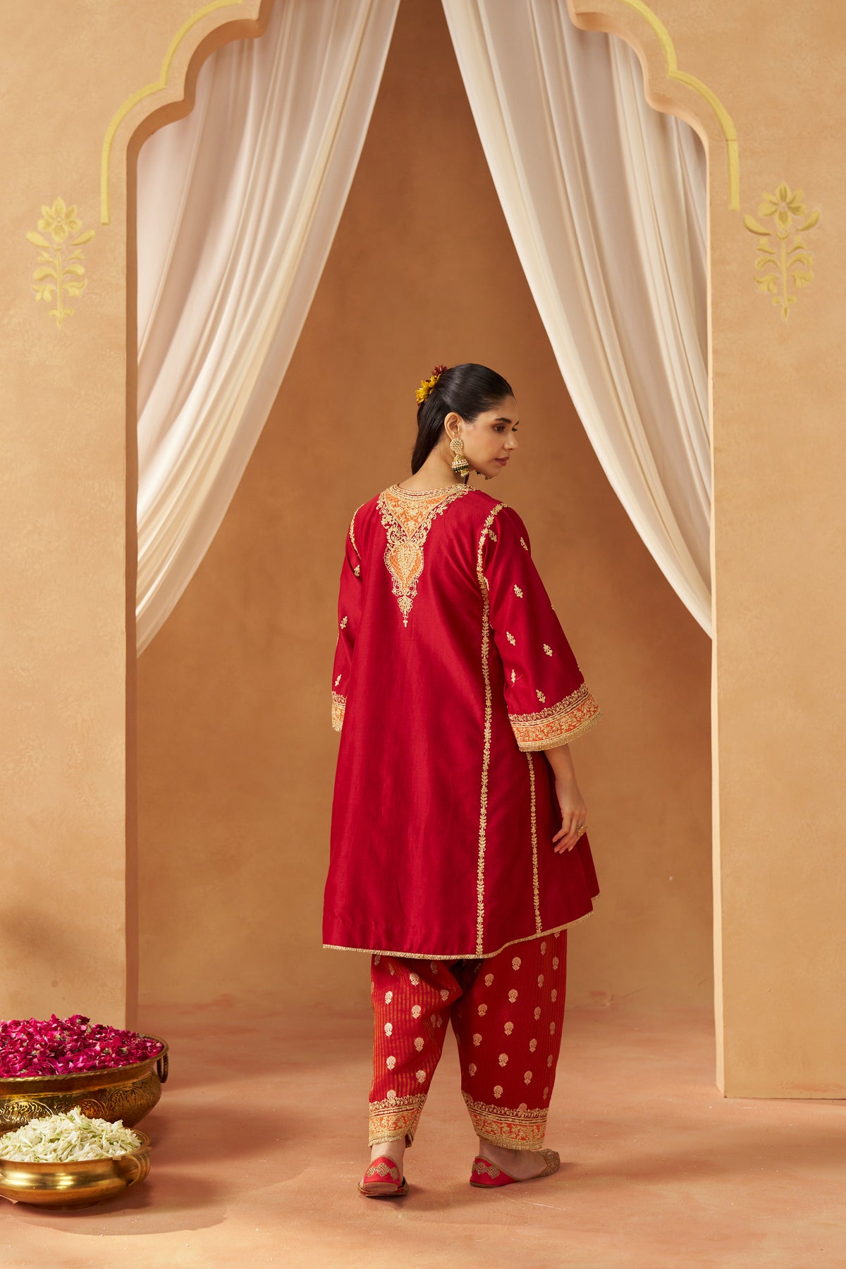 Maahgul - Deep Red Short Kalidaar Chauga with Salwar & Light Dupatta