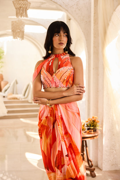Sunset Petal Printed Crop Top Dhoti Skirt Set