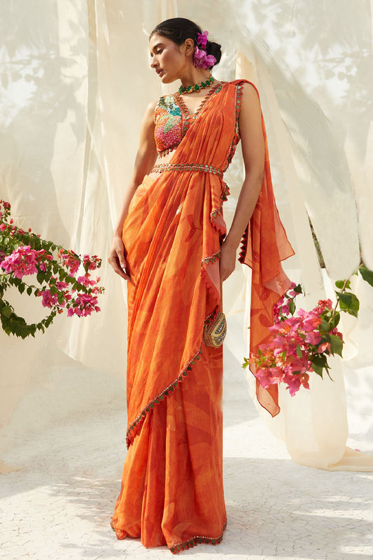 Rust Chinon Chiffon Abstract Printed Pre-Draped Saree Set