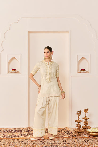 ANAISHA -DAISY IVORY SHORT KURTA WITH FARSHI SALWAR AND DUPATTA