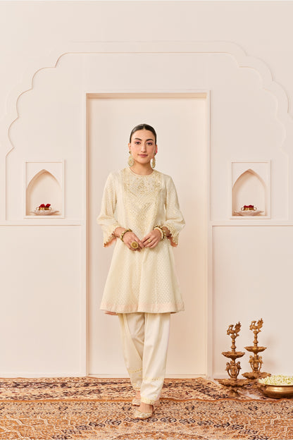 NIDA - DAISY IVORY  SHORT CHOGA WITH FARSHI SALWAR AND DUPATTA