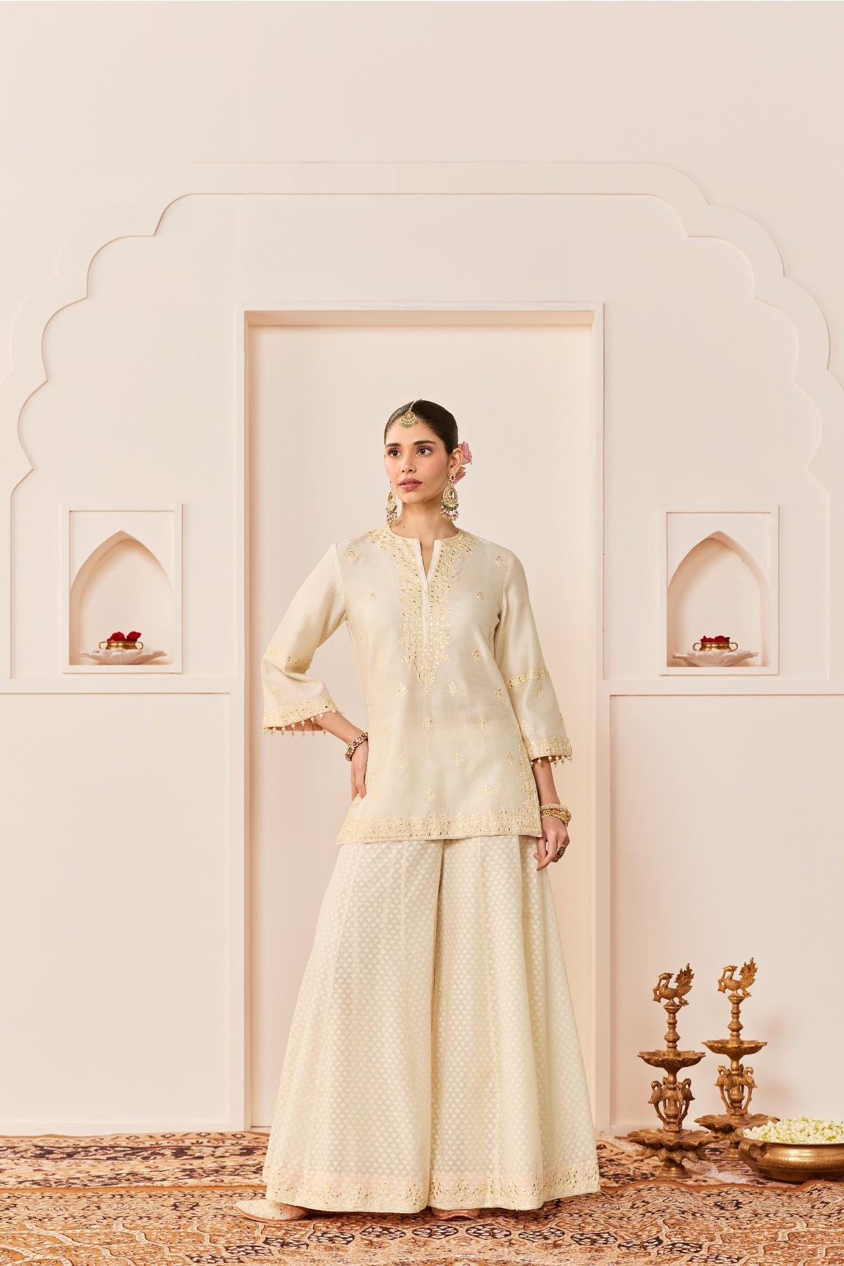 REHMA -DAISY IVORY SHORT KURTA WITH SHARARA AND DUPATTA