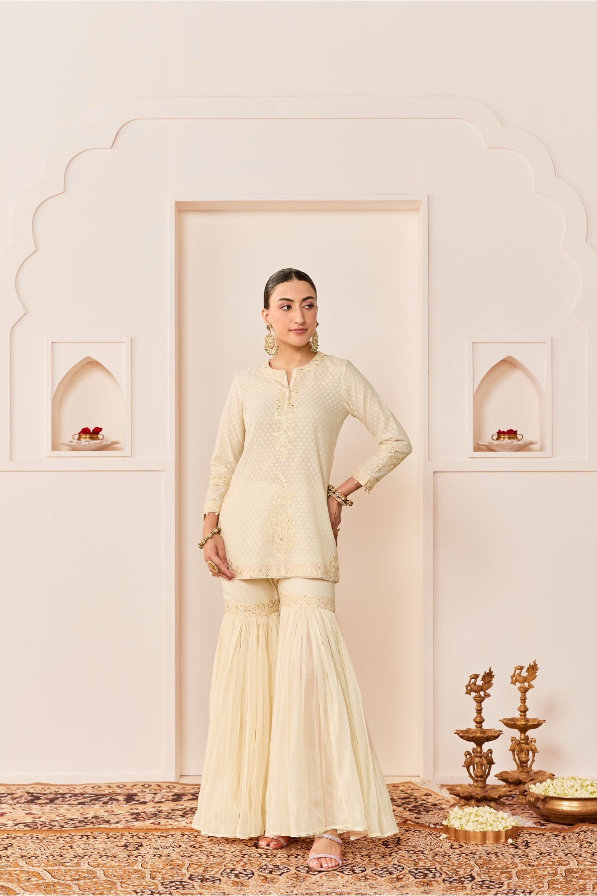 YASNEEN -DAISY IVORY SHORT KURTA WITH GARARA AND DUPATTA