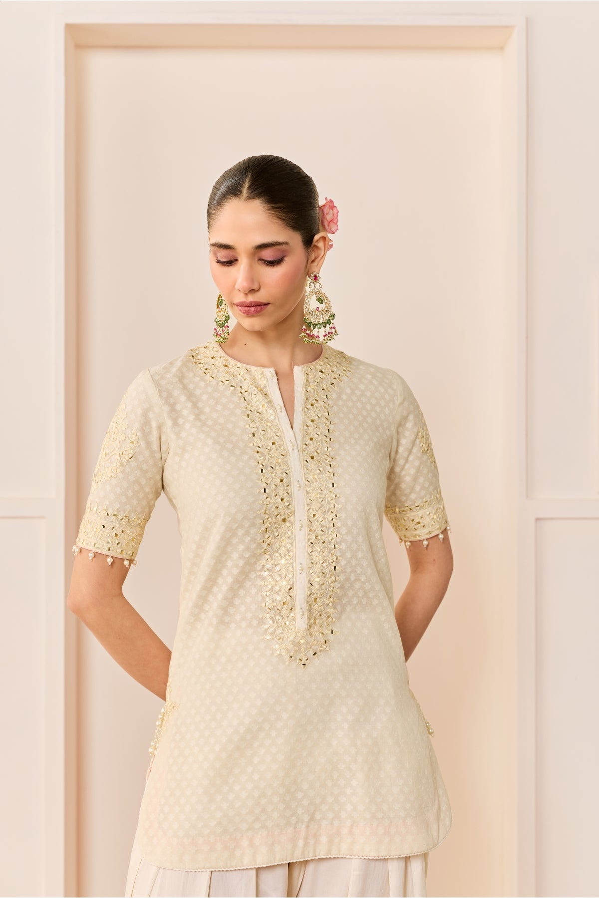 ANAISHA -DAISY IVORY SHORT KURTA WITH FARSHI SALWAR AND DUPATTA