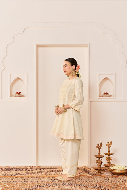 NIDA - DAISY IVORY  SHORT CHOGA WITH FARSHI SALWAR AND DUPATTA
