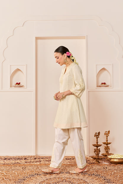 REEM - DAISY IVORY SHORT CHOGA WITH DOGRI SALWAR AND DUPATTA