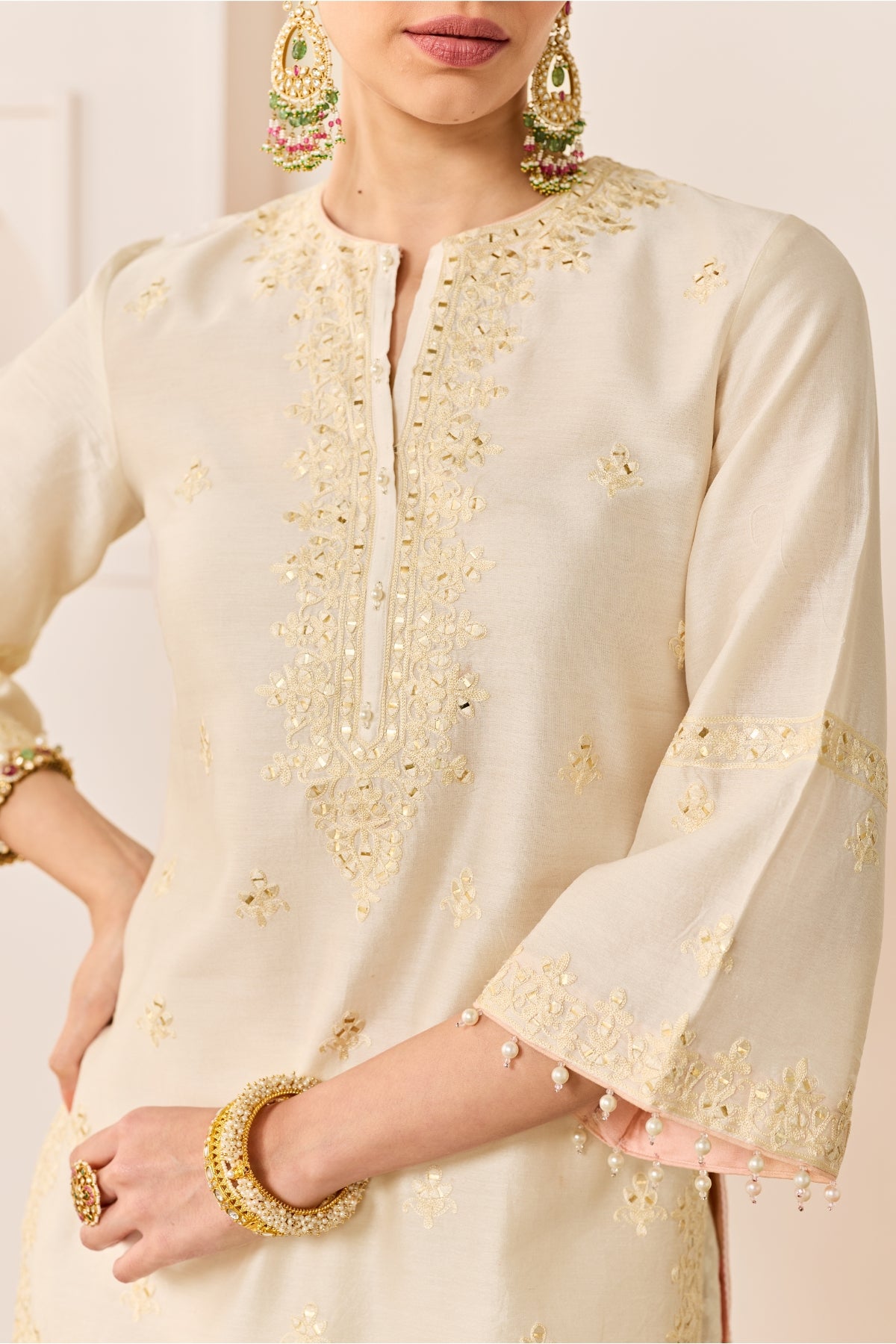 REHMA -DAISY IVORY SHORT KURTA WITH SHARARA AND DUPATTA