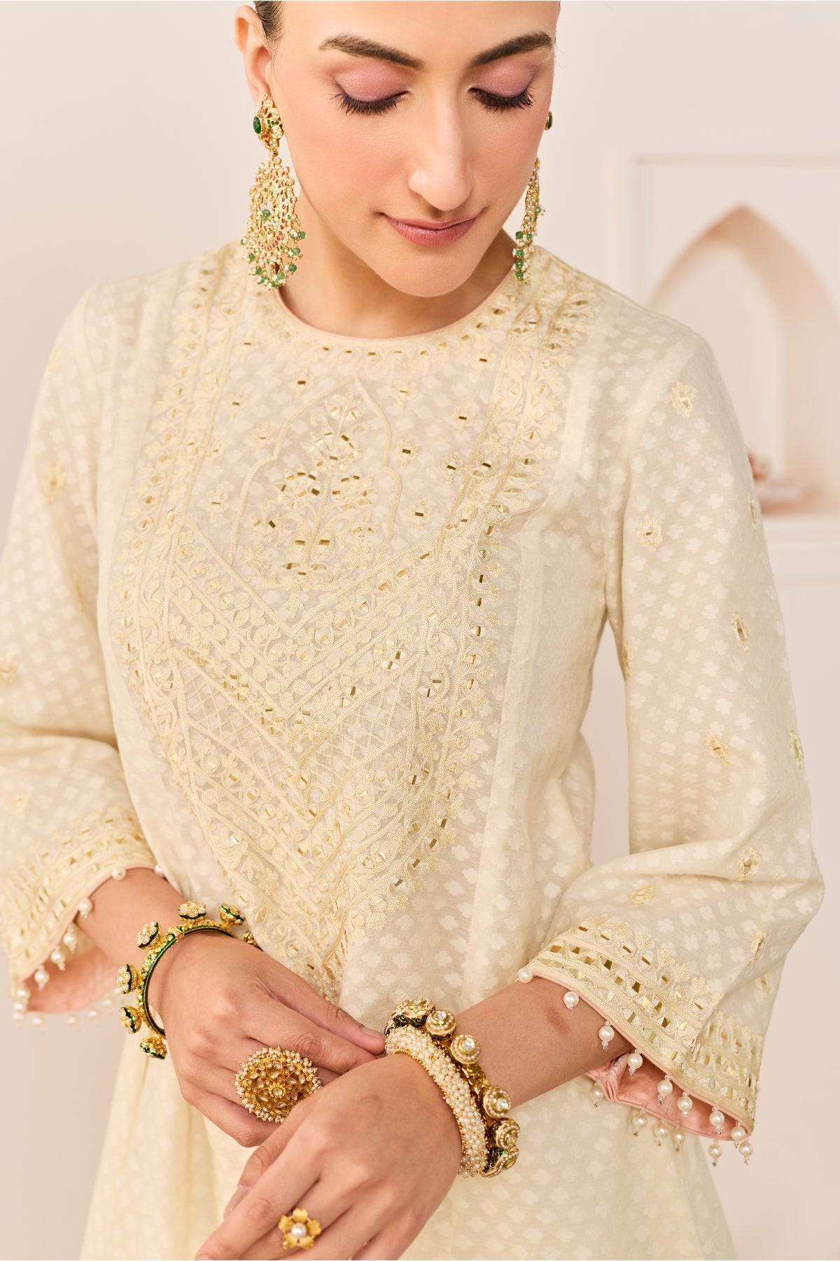NIDA - DAISY IVORY  SHORT CHOGA WITH FARSHI SALWAR AND DUPATTA