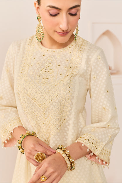 NIDA - DAISY IVORY  SHORT CHOGA WITH FARSHI SALWAR AND DUPATTA