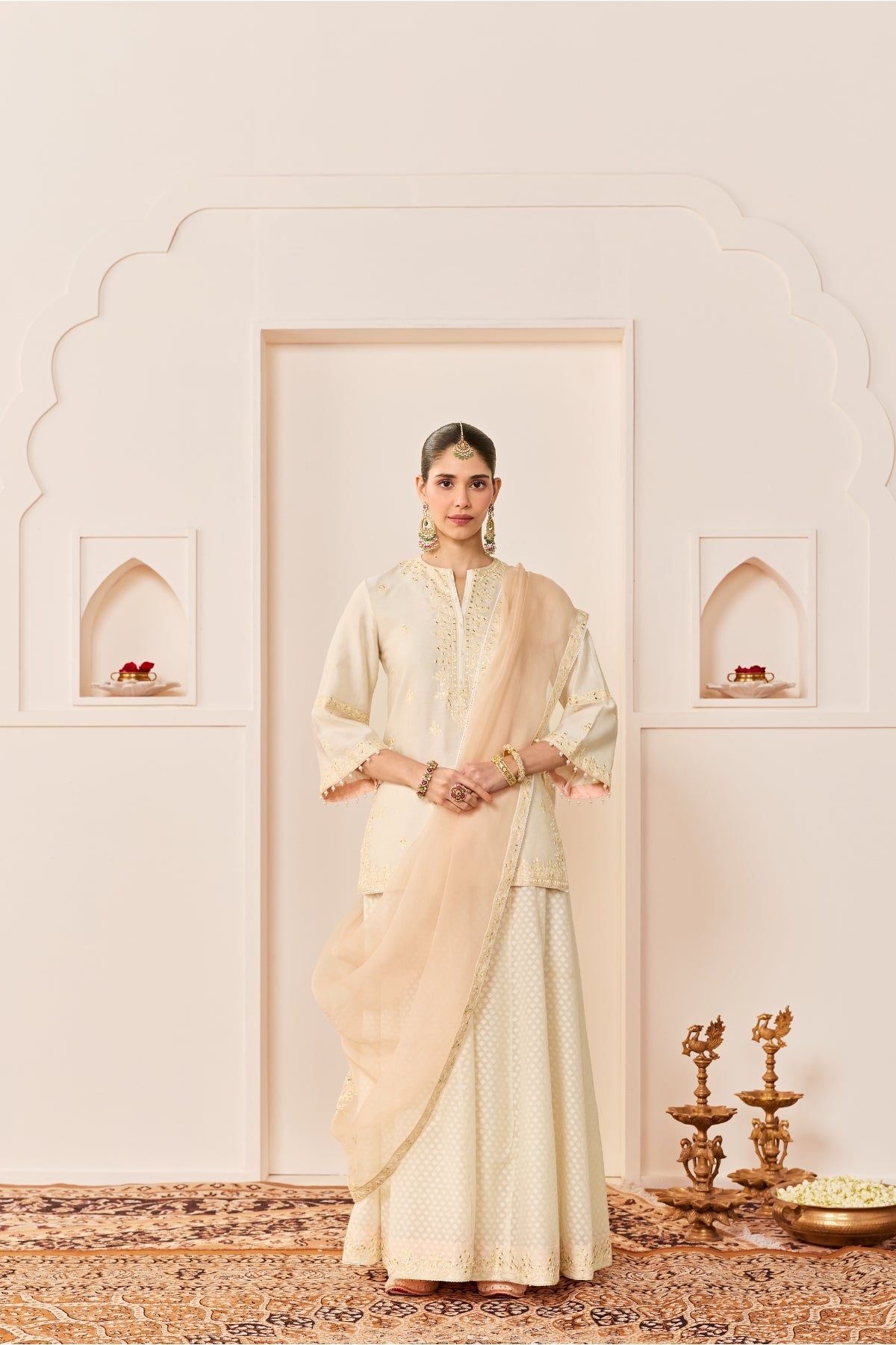 REHMA -DAISY IVORY SHORT KURTA WITH SHARARA AND DUPATTA