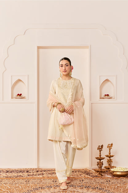 NIDA - DAISY IVORY  SHORT CHOGA WITH FARSHI SALWAR AND DUPATTA