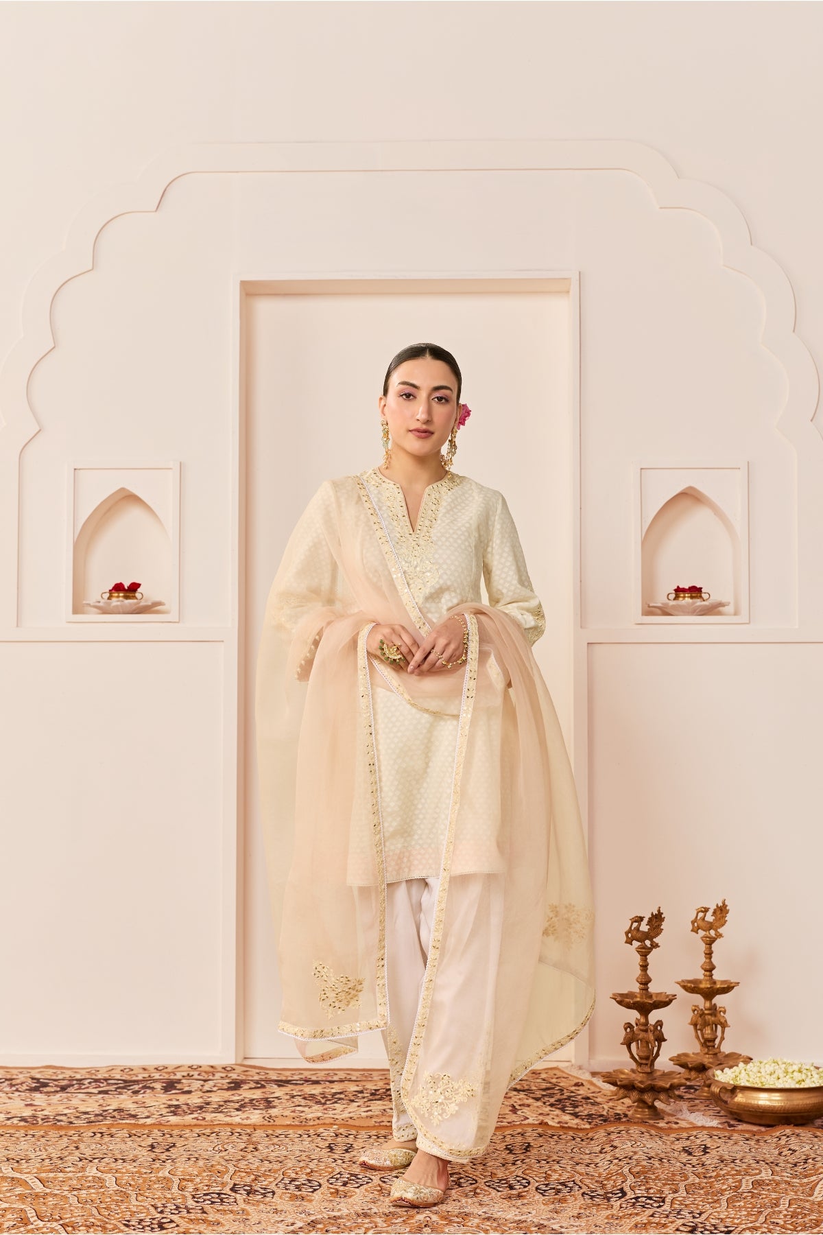 REEM - DAISY IVORY SHORT CHOGA WITH DOGRI SALWAR AND DUPATTA
