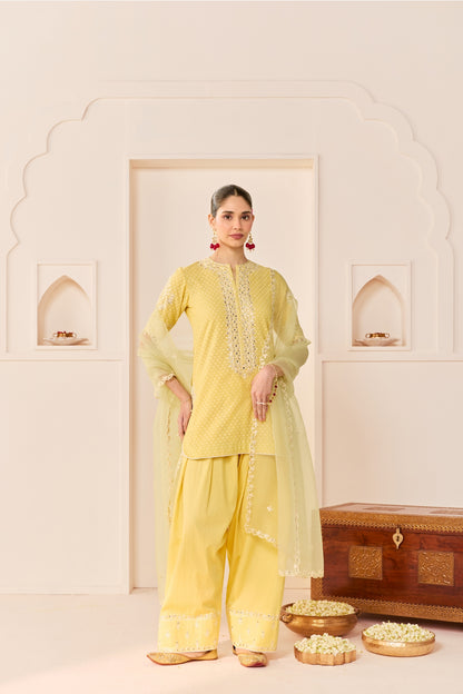 ANAISHA - LEMON YELLOW SHORT KURTA WITH FARSHI SALWAR AND DUPATTA