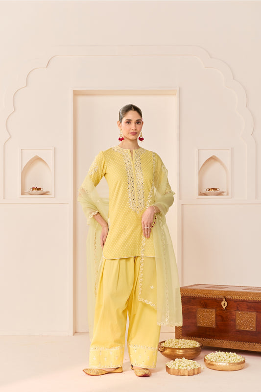 ANAISHA - LEMON YELLOW SHORT KURTA WITH FARSHI SALWAR AND DUPATTA