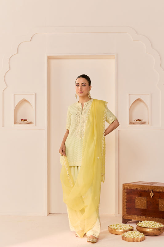 ANAISHA - MINT GREEN SHORT KURTA WITH FARSHI SALWAR AND DUPATTA