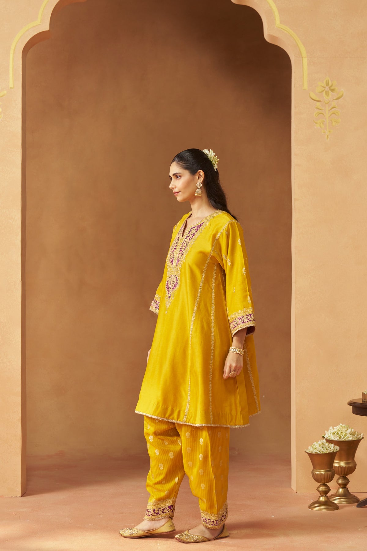 Maahgul - Mustard Short Kalidaar Chauga with Salwar & Light Dupatta